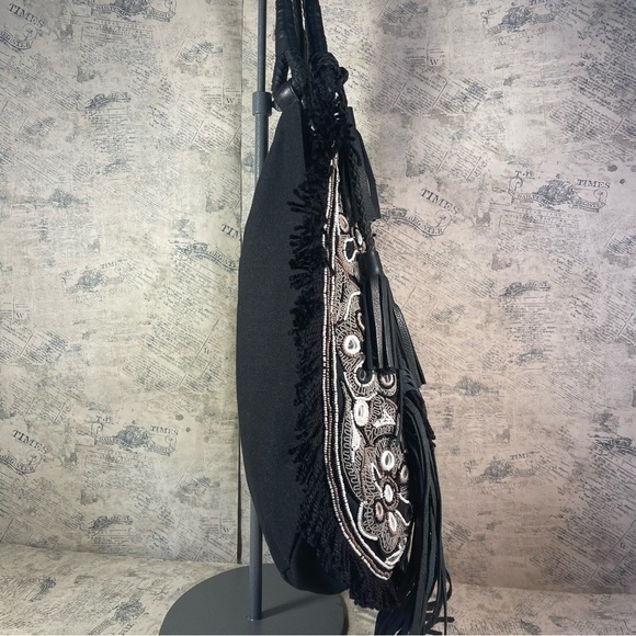 Anthropologie IbBAN LTR Emb. Beaded Fringe Black Linen Bohemian Bag - Picture 5 of 14